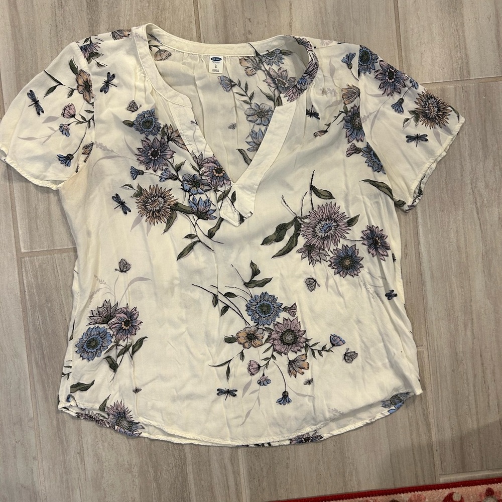 Old Navy Floral V-Neck Blouse - Cream and Purple